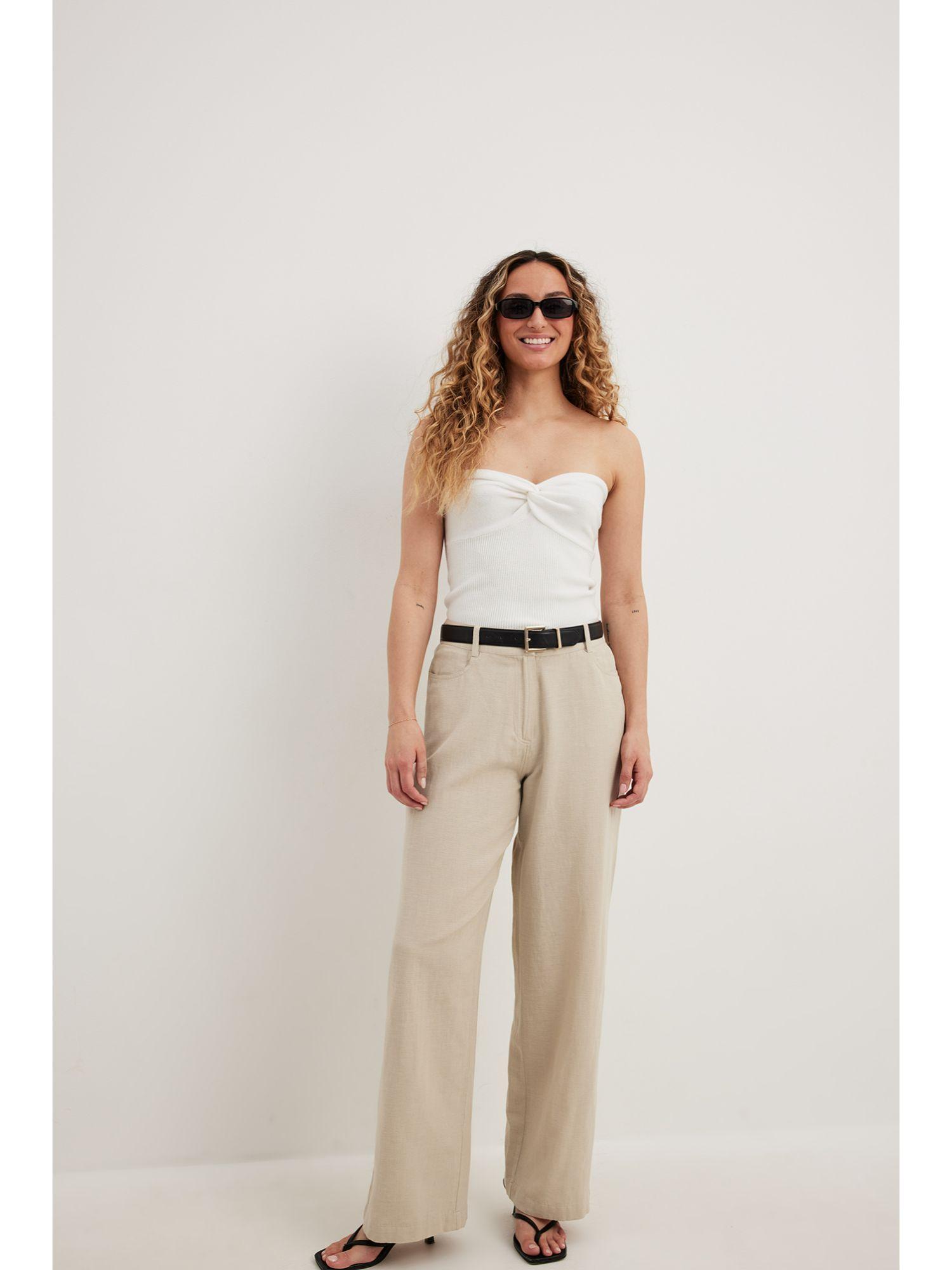 mid waist linen mix pants beige