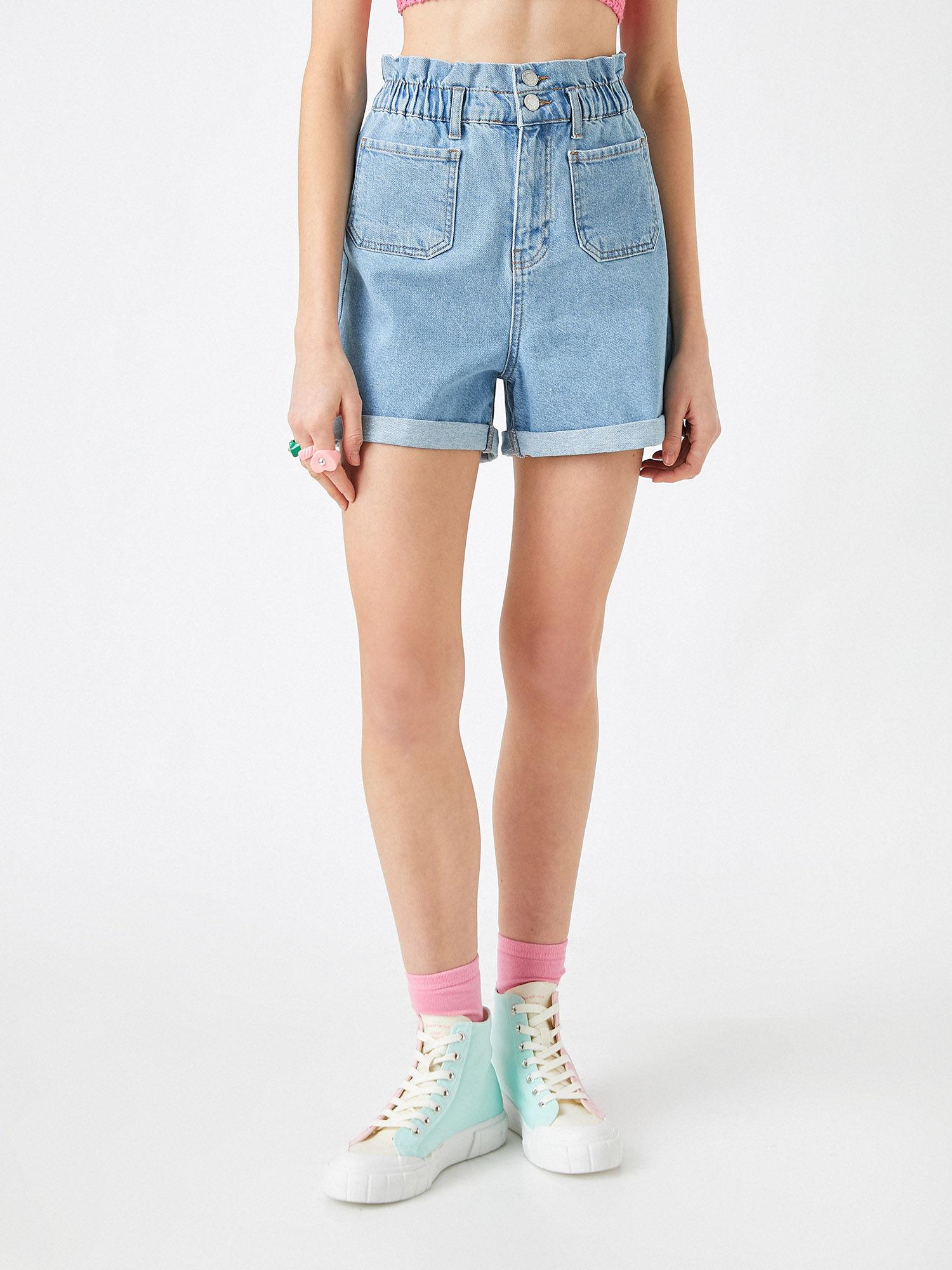 mid waist open indigo shorts