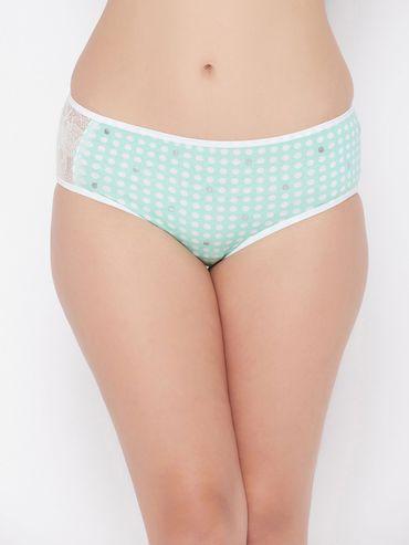 mid waist polka dot hipster panty in cyan with lace insert cotton green