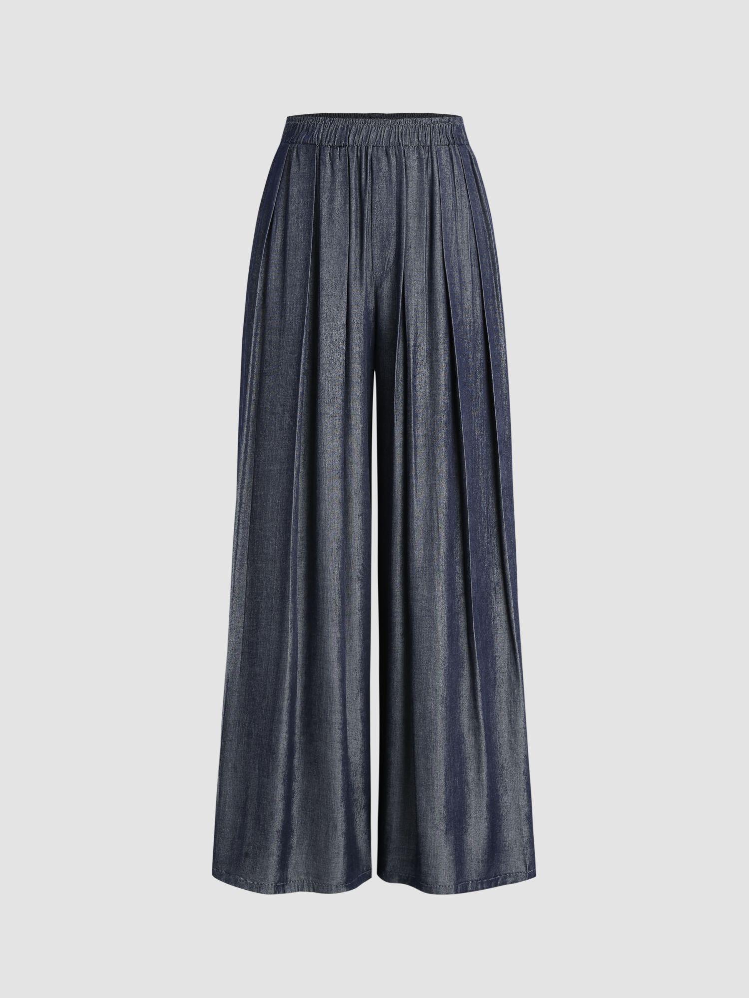 mid waist solid elastic waist wide leg trousers