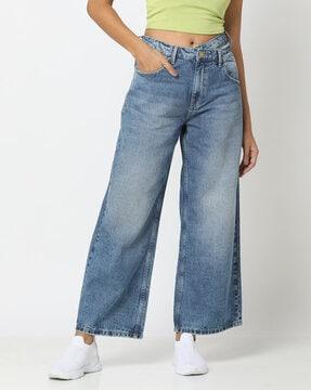 mid-wash asymmetric waist wide-leg jeans