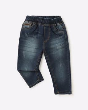 mid-wash distressed jeans with elasticated waist