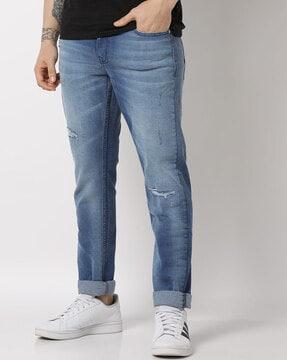 mid-wash distressed regular fit jeans