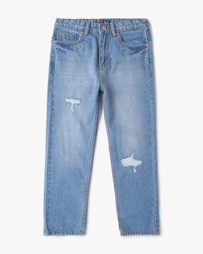 mid-wash distressed straight fit jeans