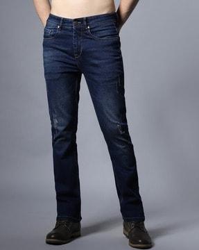 mid-wash distressed straight fit jeans