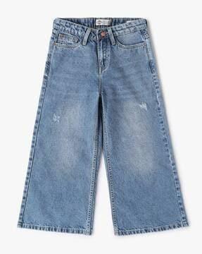 mid-wash distressed wide leg jeans