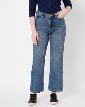 mid-wash high-rise straight fit jeans