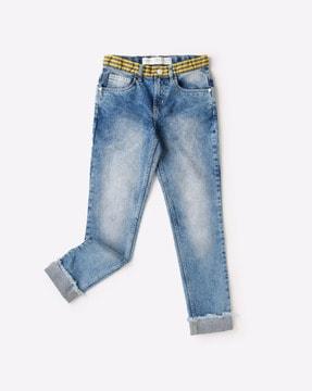 mid-wash jeans with upturned hems