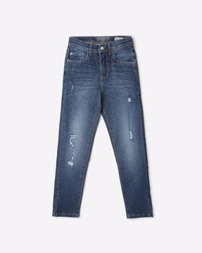 mid-wash slim fit distressed jeans