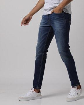 mid-wash slim tapered fit jeans
