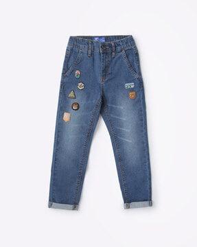 mid-wash straight fit jeans with badges