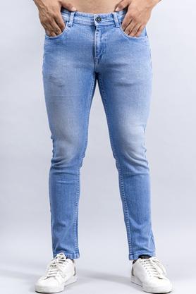 mid wash cotton blend regular fit men's jeans - blue