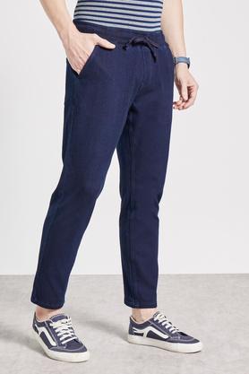 mid wash cotton blend regular fit men's joggers - indigo