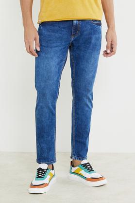 mid wash cotton lycra tapered fit men's jeans - indigo