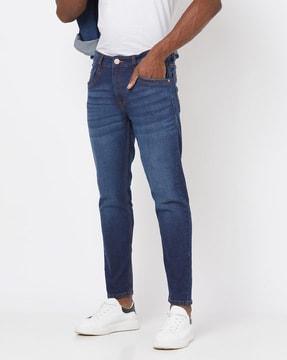 mid-wash cropped jeans with whiskers