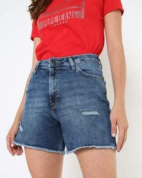 mid-wash distressed denim shorts