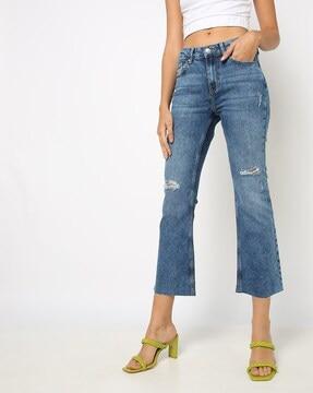 mid-wash distressed flared jeans