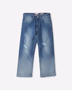 mid-wash distressed slim fit jeans