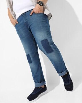 mid-wash distressed straight fit jeans