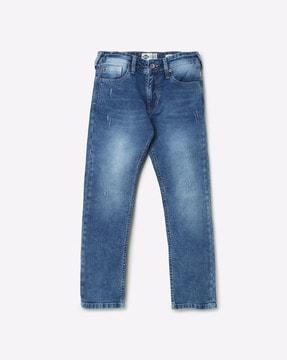 mid-wash distressed straight jeans