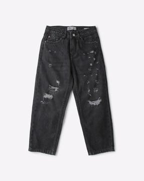 mid-wash distressed straight jeans