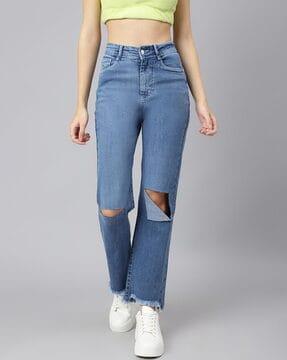 mid-wash distressed wide jeans