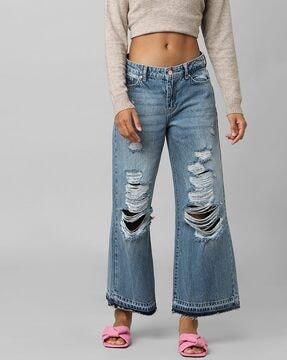 mid-wash distressed wide-leg jeans