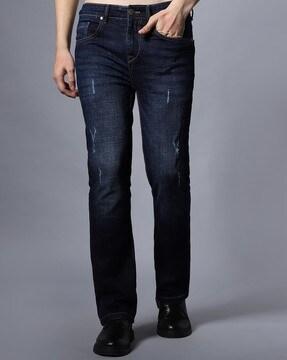 mid-wash distresses straight fit jeans