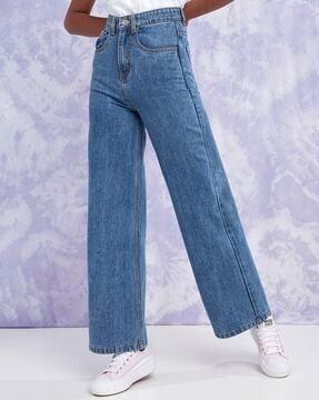 mid-wash high-rise wide-leg jeans