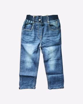 mid-wash jeans with contrast ribbed waistband