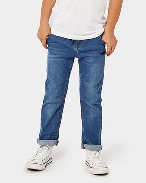 mid-wash jeans with drawstring waist