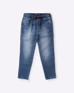 mid-wash jeans with elasticated drawstring waist