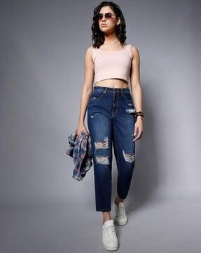 mid-wash mom fit distressed jeans