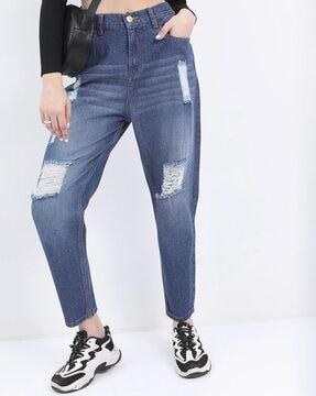 mid-wash regular fit distressed jeans