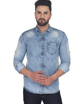 mid-wash shirt with patch pocket