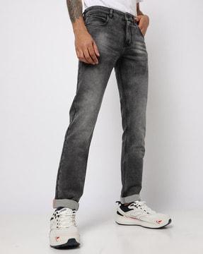 mid-wash skinny fit jeans