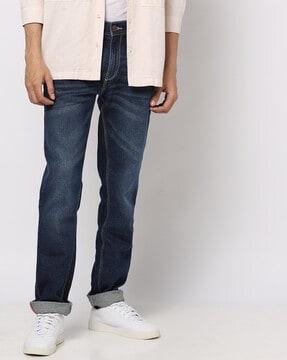 mid-wash skinny fit jeans