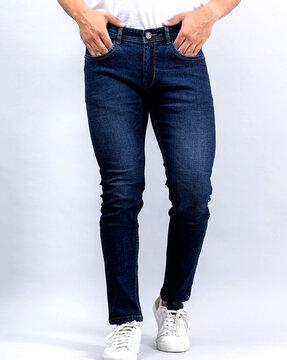 mid-wash skinny fit jeans