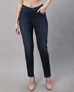 mid-wash skinny fit jeans