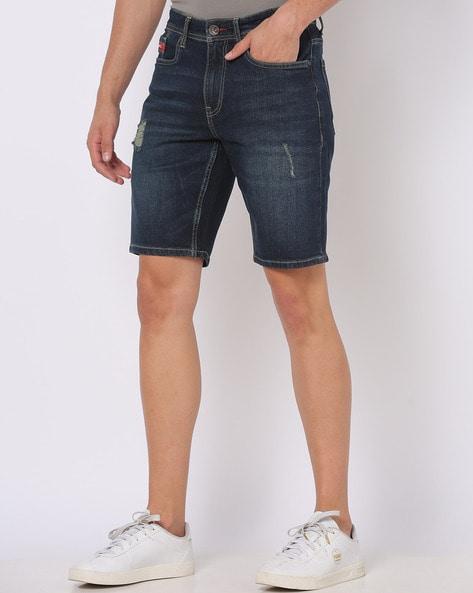 mid-wash slim fit denim shorts