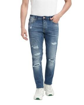 mid-wash slim fit distressed jeans