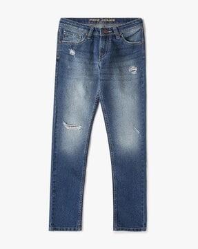 mid-wash slim-fit distressed jeans