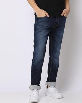 mid-wash slim straight fit jeans