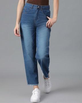 mid-wash straight fit jeans with frayed hem