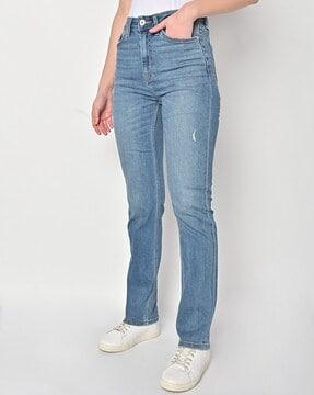 mid-wash straight fit jeans