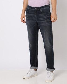 mid-wash straight fit jeans