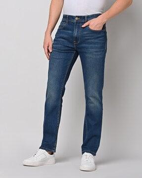 mid-wash straight fit jeans