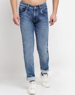 mid-wash stretchable straight jeans