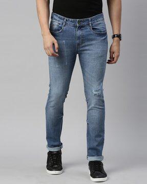 mid-washed slim jeans with roll-up hem