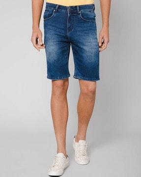 mid-washed flat-front denim shorts